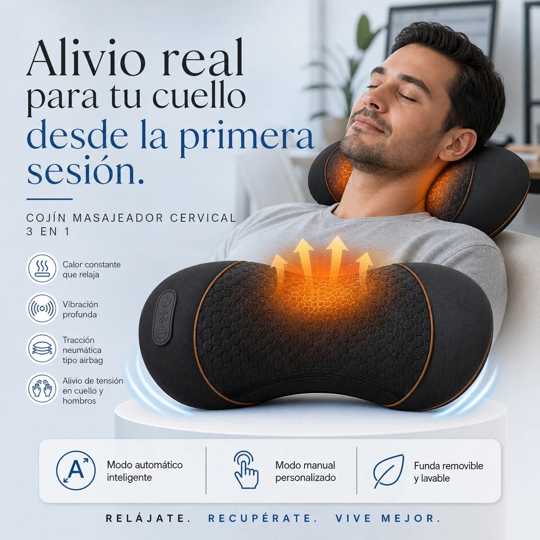 Cojín masajeador cervical 3 en 1 con calor y tracción.