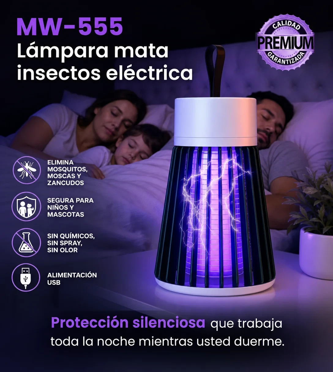 Lámpara Mata Mosquitos y Moscas Eléctrica UV — Sin Químicos, Segura para Niños y Mascotas