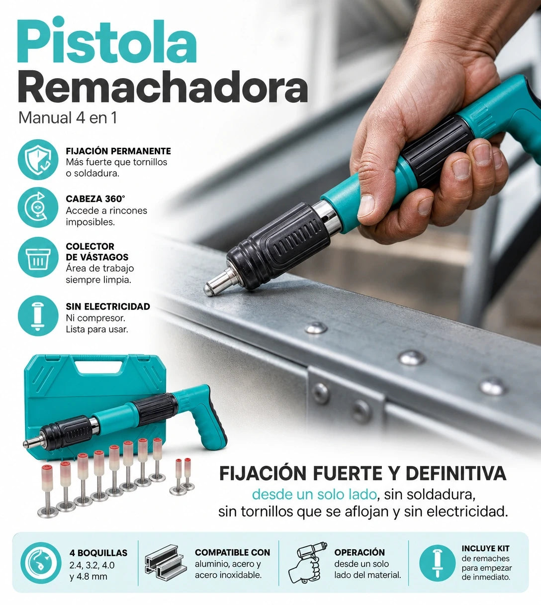 Pistola Remachadora Manual con Kit de Remaches + Gafas
