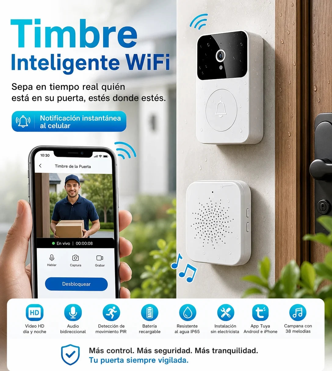Timbre Inteligente con Cámara HD WiFi — Visión Nocturna, Audio Bidireccional y Alerta al Celular